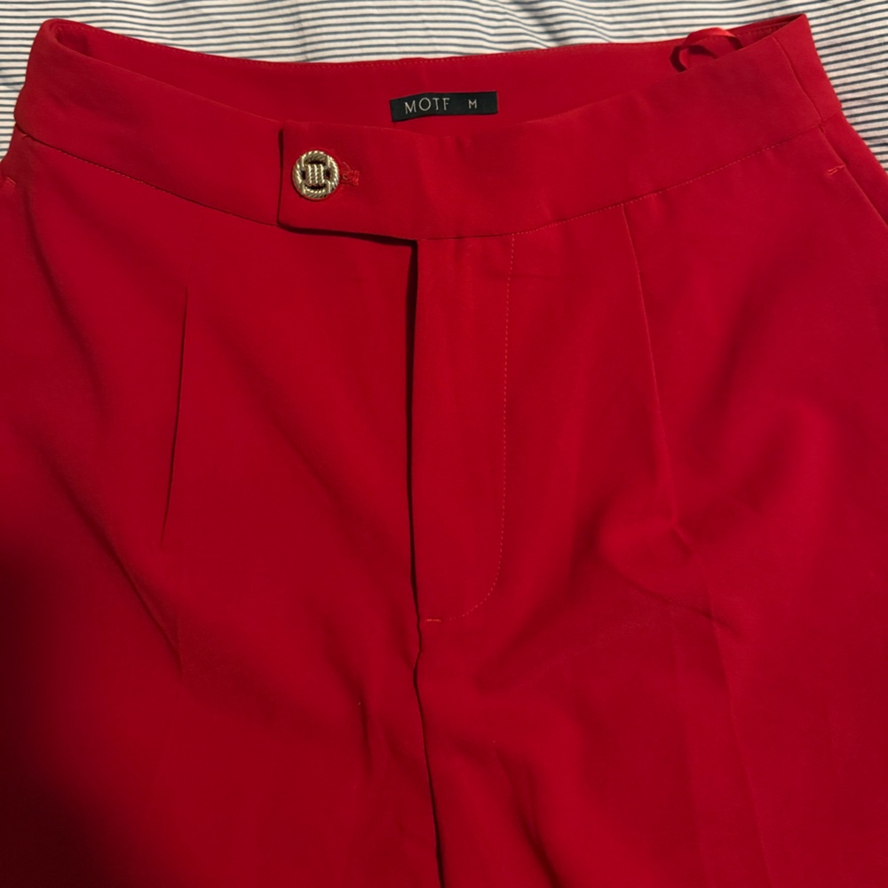 MOTF Red High-Waist Tailored Trousers with Gold Button